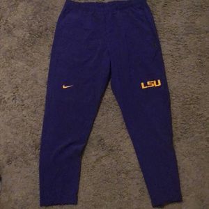 XL purple LSU pants, Nike Dri-fit, comfortable and stretchy, yellow LSU logo